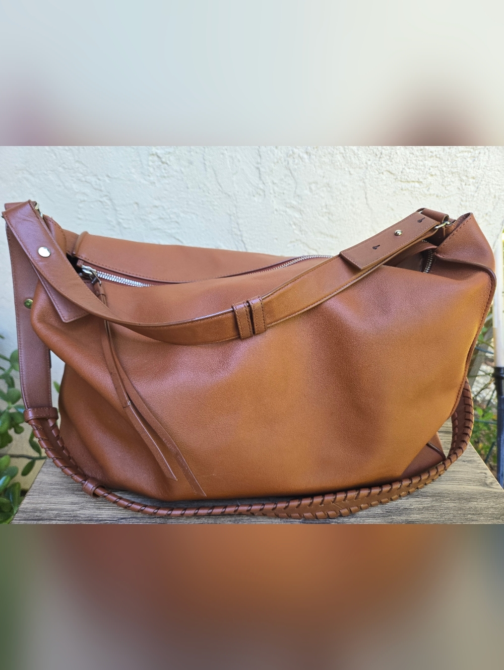 All Saints Brown Kita East West Leather Tote Bag with Braided Strap - Picture 2 of 16
